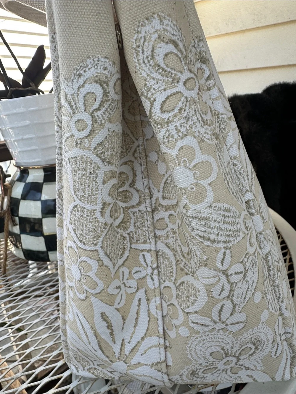 Oscar de la Renta Beige Canvas Tote with White Floral Print